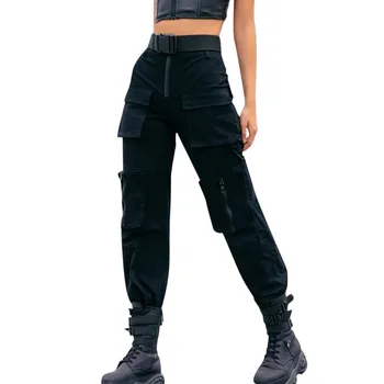 Džinsi Modes Sieviešu Solid Black Atdzist Ielas Stila Kabatām Gadījuma Dienas Savvaļas Bikses Bikses Vaļīgas Populārs Moderns Bikses Sievietēm