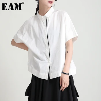 [EAM] Sievietes Baltā Rāvējslēdzēju Liela Izmēra Blūze Jauno Stand Apkakli Pusi Piedurknēm Loose Fit Krekls Modes Jūra Pavasara Vasaras 2021 1DD9301