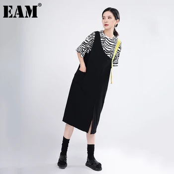 [EAM] Sievietes Nelegālo Kontrasta Krāsa Black Midi Kleita Jauns Asimetrisks bez Piedurknēm Loose Fit Modes Pavasara Rudens ir 2021. 1DD5149
