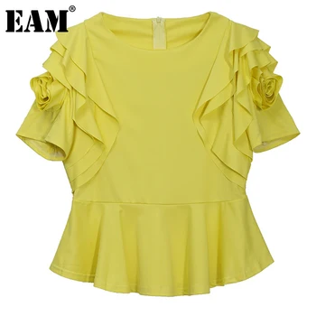[EAM] Sieviešu Dzeltena Ruffles Nelegālo Blūze Jaunu Apaļu Kakla Īsām Piedurknēm Loose Fit Krekls Modes Jūra Pavasara Vasaras 2021 1DE0251