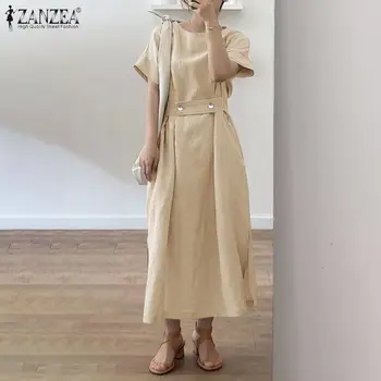 Eleganta Kleita Sievietēm ZANZEA 2021. gada Vasaras Savirmot Maxi Vestidos Gadījuma Cietā Mežģīnes Up Ilgi Sundress Dāma Ziedu Piedurknēm Drēbes