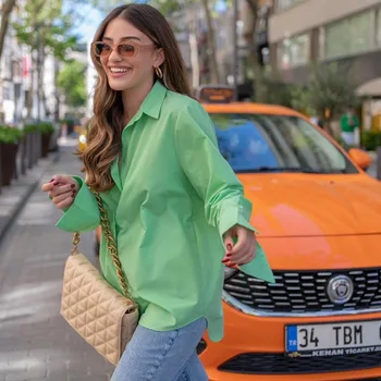 Elegants Cieta Zaļo Pogu Up Blūze Shits Lielgabarīta Krekls Sievietēm Ir 2021. Atdzist Stila Brīvdienu Modes Krekli, Sieviešu Garās Augšu