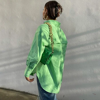 Elegants Cieta Zaļo Pogu Up Blūze Shits Lielgabarīta Krekls Sievietēm Ir 2021. Atdzist Stila Brīvdienu Modes Krekli, Sieviešu Garās Augšu