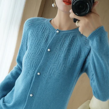 Elegants garām piedurknēm vilnas džemperis sieviešu ir 2021. jauno singlu-krūšu jaciņa mīksta un elastīga trikotāžas jaka