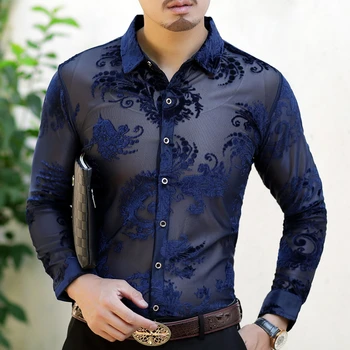 Elegants Paisley Pārredzamu Nakts Kluba Krekls Vīriešiem Ir 2021. Longsleeve Vintage Chemise Homme Plus Lieluma Kleitu Modes Sexy Krekls Puse