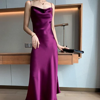 Elegants Satīna Spageti Siksnas Kleitas Sievietēm Ir 2021. Jaunu Bordo Sarkana Purpura Maxi Kleita Vasarā Plus Lieluma-line Slim Puse Kleita
