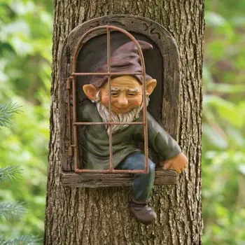 Elf Ārā Pa Durvīm, Dārza Gnome Statuja Tree Hugger Nerātns Smieklīgi Rūķu Sēta Mājas Dekoru Augstas Kvalitātes Sveķu Radošo Pagalmā Rotājumi