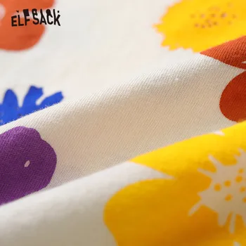 ELFSACK Harajuku Ziedu Drukāt Gadījuma T-Krekli, Sieviešu,Ir 2021. Vasaras ELF Vintage Īsām Piedurknēm Sieviešu Pamata Ikdienas Cute Topi