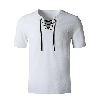 ERIDANUS Vīriešu Hip Hop Krekls Modes T-krekls, Linu T-krekls Elpojošs V-veida kakla Īsām Piedurknēm Sasiet Virvi Augšas Vīriešu Streetwear MTS600