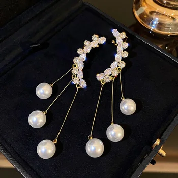 Exknl Ilgi Pušķis Rhinestone Pērles Piliens Auskari Sievietēm Bijoux Spīdīgu Earclips Modes Vilināt Auskari Rotaslietas, Dāvanas 2021