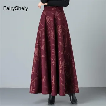 Fairyshely 2020. Gadam Augstā Vidukļa Kroku Svārki Sievietēm Retro Vilnas Ziedu Drukāt Maxi Svārki Sieviešu Korejas Black Ilgi Svārki Plus Lieluma
