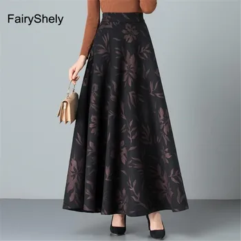 Fairyshely 2020. Gadam Augstā Vidukļa Kroku Svārki Sievietēm Retro Vilnas Ziedu Drukāt Maxi Svārki Sieviešu Korejas Black Ilgi Svārki Plus Lieluma