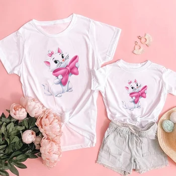 Famliy Izskatās Sieviešu T-Krekls 3D Marijas Kaķis Atvērt Lietussargu Drukāt Gadījuma Bērniem Tee Disney Aristocats Mamma un Meita Drēbes