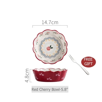 FANCITY 1pc Red Cherry Dizaina Bļodā Undergalzed Keramikas Salātu Bļodā Makaronu Bļodu Pudiņš Pamatnes Bļodā Mikroviļņu Drošu Dinnerware