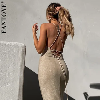 Fantoye Backless Sexy Maxi Kleitas Ir 2021. Jaunā Sieviešu Pārsējs O-Veida Kakla Slim Beach Partywear Dāmas Eleganta Izdilis Bez Piedurknēm Kleitas