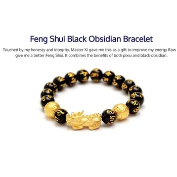 Feng Shui Obsidian Akmens Krelles, Rokassprādzi Vīriešiem Sievietēm Unisex Aproce Zelta Black Pixiu Bagātību un Veiksmi Sieviešu Aproce