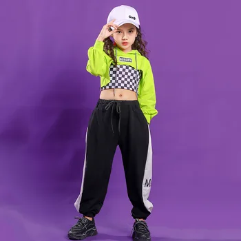 Fluorescējoši Zaļā Apgriezts Augšu Swaetshirt Bikses Bērniem, Hip Hop Apģērbs Bērniem Deju Tērpi Meitenēm, Skatuves Apģērbs Džeza Streetwear