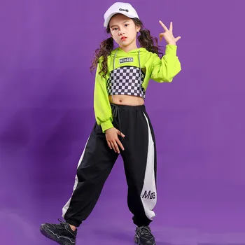 Fluorescējoši Zaļā Apgriezts Augšu Swaetshirt Bikses Bērniem, Hip Hop Apģērbs Bērniem Deju Tērpi Meitenēm, Skatuves Apģērbs Džeza Streetwear