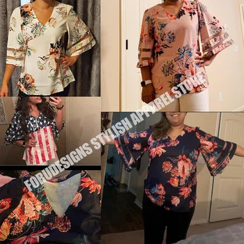 FORUDESIGNS Sieviešu Apģērbs Vintage Havaju salas Polinēziešu Dizainu 3/4 Plats Piedurkņu Šifona Piedurknēm Blūzes Top Feminino Bluse