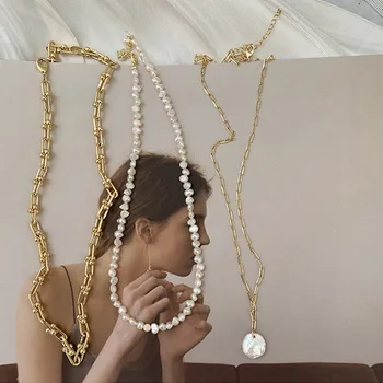 Franču Vintage Trīs Slāņu Saldūdens Pērļu Kaklarotas, Zelta Krāsa, kas Saistīti Ķēdes Chokers Kaklarota Sievietēm Minimālisma Rotaslietas
