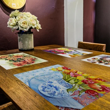 Fuwatacchi Krāsains Ziedu Glezniecības Modelis Kausa Paliktņi Atkārtoti Pusdienu Galda Placemats Restorānu Piederumi, Mājas Dekoru