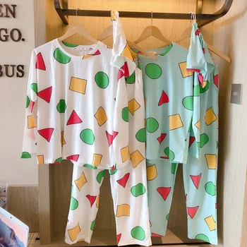 Garām piedurknēm Pidžamas Sieviešu Rudens Cute Karikatūra Ģeometriskā Mājas Apģērbu Plus Lieluma Vaļīgas Bikses, Uzvalks Divas Gabals, kas Vasarā