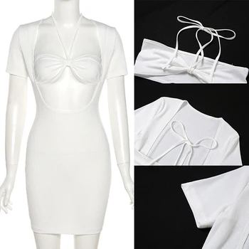 Giyu Sexy Bodycon Vasaras Kleita Sievietēm Ir 2021. Kluba Puses Vestidos Gadījuma Elegants Femme Tērpu Mežģīnes Up Īsām Piedurknēm Balta Mini Kleitas