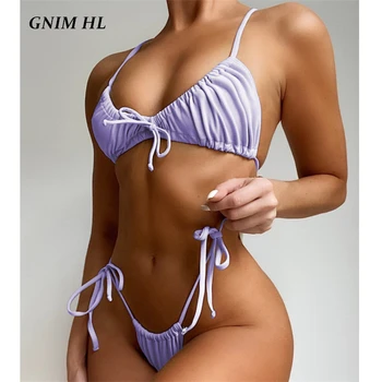 GNIM Sexy Cietā Aukliņu Sandales Bikini Komplekts Ir 2021. Vasaras Peldkostīmi Sievietes 2 Gabali Pārsējs Brazīlijas Peldkostīmu Sieviete Pavada Biquini