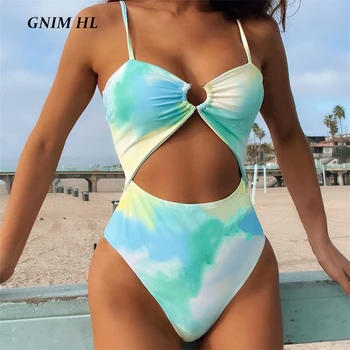 GNIM Sexy kaklasaišu Krāsošanas Peldkostīms Sievietēm viengabala Dobi No Peldbikses Push Up Vasaras Beachwear Ir 2021. Jaunas Peldēšanas Tērps Sievietēm Biquini