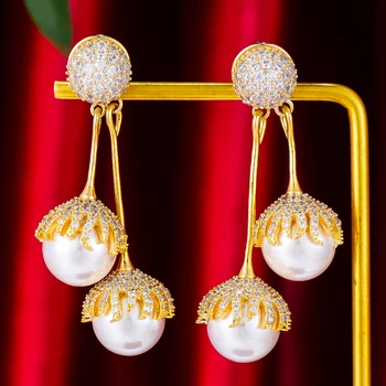 GODKI Modes ielu stilu, Imitēta Pērļu Auskari Sievietēm, Kāzu svinības Kubikmetru Zircon Dubaija Līgavas Auskars boucle d'oreille