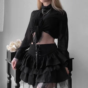 Gothic Kroku Mežģīnes Up Mini Svārki Mall Goth Acs Lupatu Sievietes Sexy Svārki Ar Augstu Jostas Elsojošs Svārki Partywear Kluba Emo Apģērbu