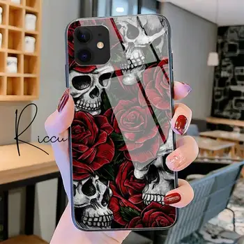 Gothic Modes Galvaskausa Rose Puķu Telefonu Gadījumā Rūdīts Stikls iPhone 12 11 Pro XR XS MAX 8 X 7 6S 6, Plus 12 Pro Max Mini gadījumā
