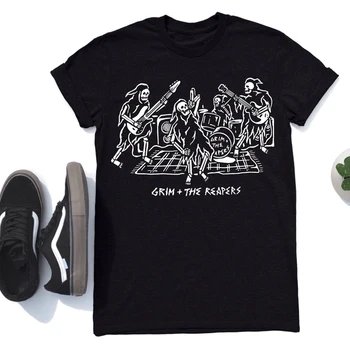 Grim, Un Pļāvēji Galvaskausa T-krekls Smieklīgi Unisex Hipster Rock Un Roll Mūzikas Tshirt Sievietes Skelets Gothic Grafiskais Tee Krekls Top
