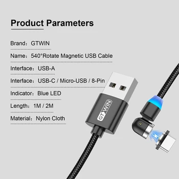 GTWIN 540 Magnētisko USB Kabelis priekš IPhone 12 Pro Max Micro USB C Tipa Kabeli Xiaomi Samsung, ņemiet vērā, 10 Tālrunis Magnētisko Lādētāju
