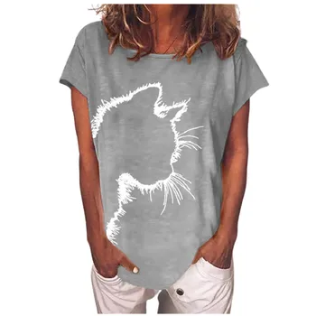 Gudrs Kaķis Sieviešu Druka T Kreklu 2021 Jauno Vasaras Īsām Piedurknēm O-Veida Kakla Ikdienas Topi Modes Dāmas Kokvilnas Tee Top Plus Lieluma Apģērbu