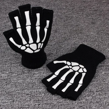 Halloween Skeleta Galvaskauss Pusi Pirkstu Cimdi, kas Spīd Tumsā Fingerless Stiept trikotāžas-Adītus Ziemas Dūraiņi Cimdi Bērniem