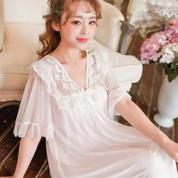 Hanxiuju Vasaras Kravu Balta Mežģīņu Nightgowns Sievietes, V-veida kakla Īsām Piedurknēm Vintage Princese Dāmas Seksīga Nakts Kleita Meitenēm Dāvanas