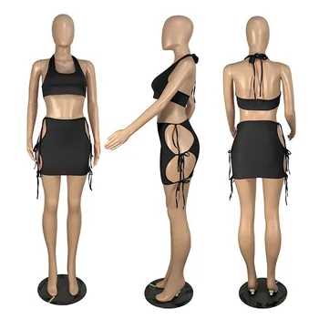 HAOYUAN Vasaras Apģērbs Sievietēm Ir 2021. Divas Gabals, kas Backless Kultūraugu Top Pārsējs Bodycon Mini Kleitas Seksīga Nakts Klubs atbilstības Komplekti