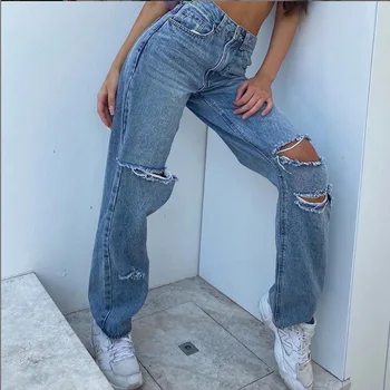 Harajuku Vintage Jeans Bikses ar Augstu Vidukli Plata Kāja pārāk plats Caurums Brīvs Bikses Y2K Estētika 90s Sieviešu Džinsa Bikses Streetwear