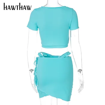 Hawthaw Sieviešu Vasaras Īsām Piedurknēm Dobi No Crop Topi Pakete Hip Mini Svārki Divi Gabali Kopums Ir 2021. Sieviešu Apģērbu Streetwear