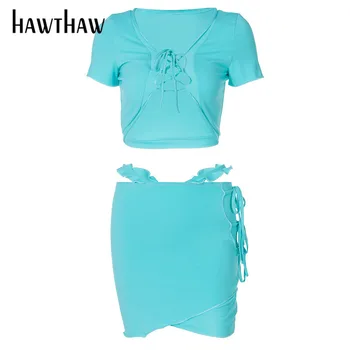Hawthaw Sieviešu Vasaras Īsām Piedurknēm Dobi No Crop Topi Pakete Hip Mini Svārki Divi Gabali Kopums Ir 2021. Sieviešu Apģērbu Streetwear