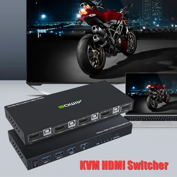 HDTV KVM Slēdzis 4) Ostas 4K USB Sadalītāja Komutatoru Rūtiņu Koplietošana, Monitoru, Printeri, Klaviatūras, Peles, Adaptīvā EDID/HDCP Plug and Play