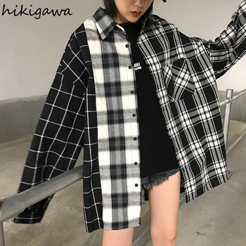 Hikigawa Garām Piedurknēm Blūze Lielgabarīta Japāna Pleds Blusas Mujer De Moda Ir 2021. Verano Raibs Krekli Korejas Modes Sieviešu Topi