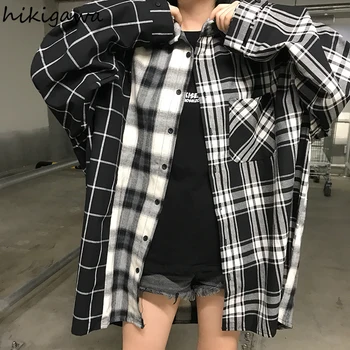 Hikigawa Garām Piedurknēm Blūze Lielgabarīta Japāna Pleds Blusas Mujer De Moda Ir 2021. Verano Raibs Krekli Korejas Modes Sieviešu Topi