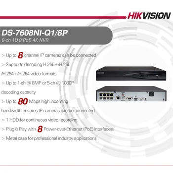 Hikvision Saderīgu Komplekti DS-7608NI-Q1/8P 8POE VRR & IP 5MP Kamera Bullet POE 30M IS Built-in MIC 8pcs Plug&play VIDEONOVĒROŠANAS Sistēmas