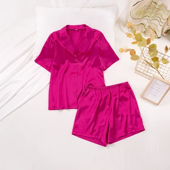 HiLoc Cietā Vienu-Krūšu Naktsveļu Savukārt Apkakle Pidžamas Komplekts Sievietēm Sleepwear Īsām Piedurknēm Vasaras Sieviete Šorti Ir 2021. Nightie