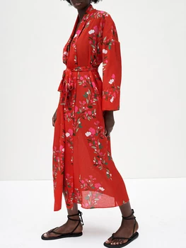 HWLZLTZHT Sieviete Ir 2021. Vintage Print Sarkana Gara Vasaras Kleita Sievietēm Jostas Atloks Ilgi Sleevele Drēbes, Elegants Ikdienas Dāmas Kleitas