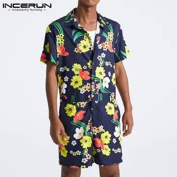 INCERUN ir 2021. Vīriešiem Kombinezonus Drukāšanas Atloks ar Īsām Piedurknēm Brīvdienas Gadījuma Havaju Jumpsuits Streetwear Modes Vīrieši (Dungriņi) S-5XL