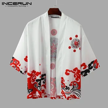 INCERUN ir 2021. Vīriešu Krekls Uzdrukāts Atvērto Valdziņu Japāņu Kimono Jaka Gadījuma 3/4 Piedurknēm Vintage Streetwear Harajuku Vīriešu Mēteli Topi