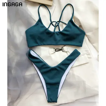 INGAGA Sexy Bikini Izgriezt Sieviešu Peldkostīmi Salātu Peldkostīmi Sievietēm, Augstu Kāju Biquini peldkostīms Ir 2021. Cietā Zaļā Bikini Komplekts